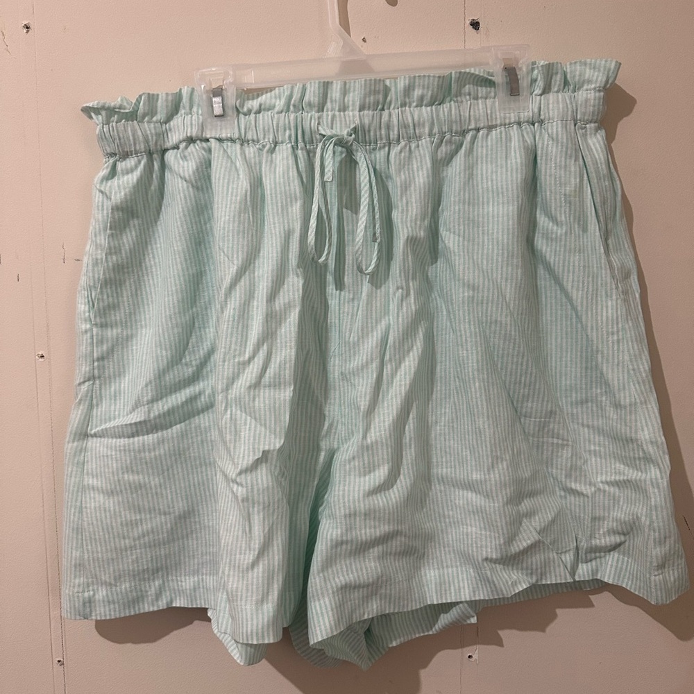 Biltmore XXL Mint Green Striped Paper Bag Stretch Linen Shorts Lounge Beach